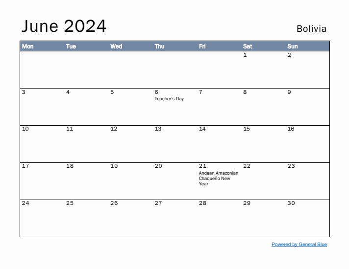 June 2024 Simple Monthly Calendar for Bolivia