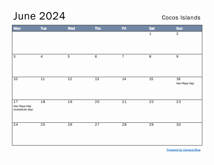 June 2024 Simple Monthly Calendar for Cocos Islands