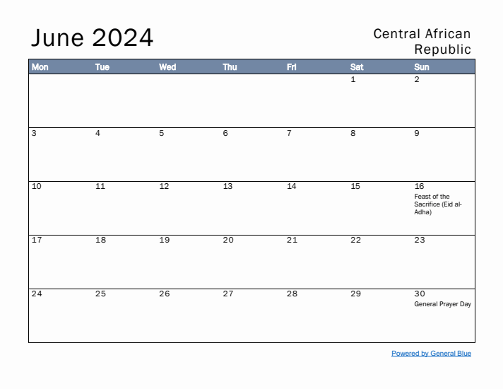 June 2024 Simple Monthly Calendar for Central African Republic