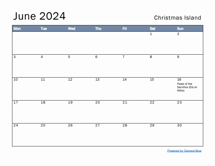 June 2024 Simple Monthly Calendar for Christmas Island