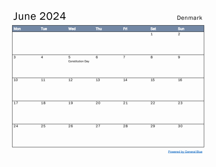 June 2024 Simple Monthly Calendar for Denmark