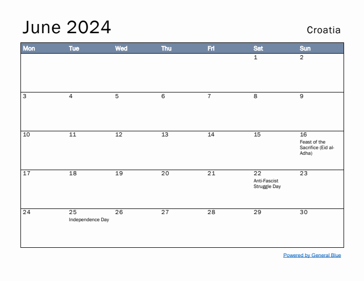 June 2024 Simple Monthly Calendar for Croatia