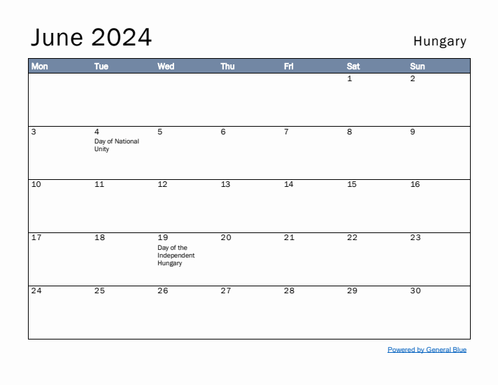 June 2024 Simple Monthly Calendar for Hungary