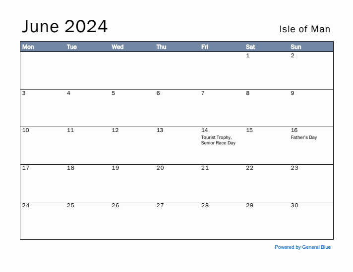 June 2024 Simple Monthly Calendar for Isle of Man