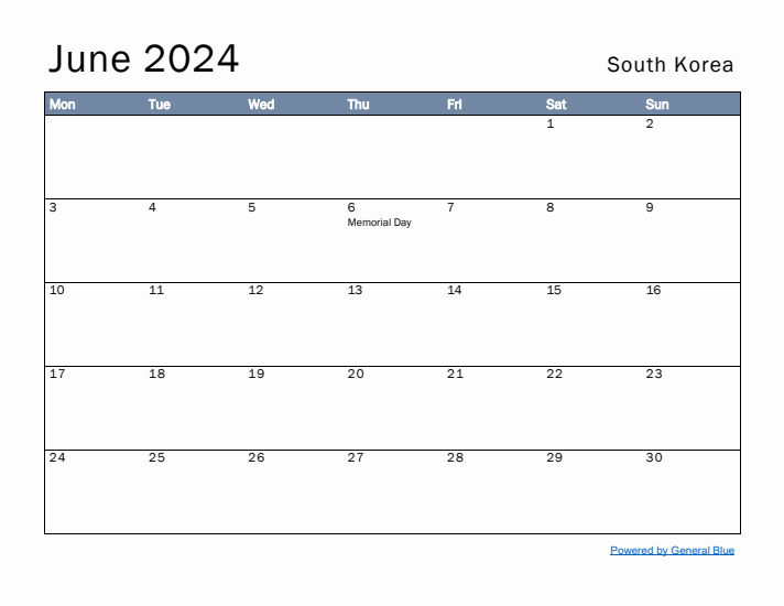 June 2024 Simple Monthly Calendar for South Korea