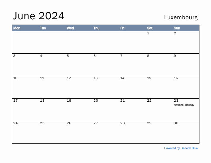 June 2024 Simple Monthly Calendar for Luxembourg