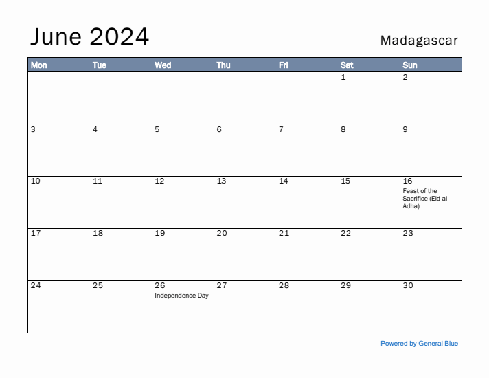 June 2024 Simple Monthly Calendar for Madagascar