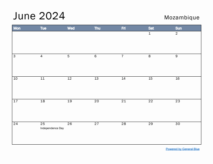 June 2024 Simple Monthly Calendar for Mozambique