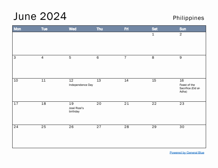 June 2024 Simple Monthly Calendar for Philippines