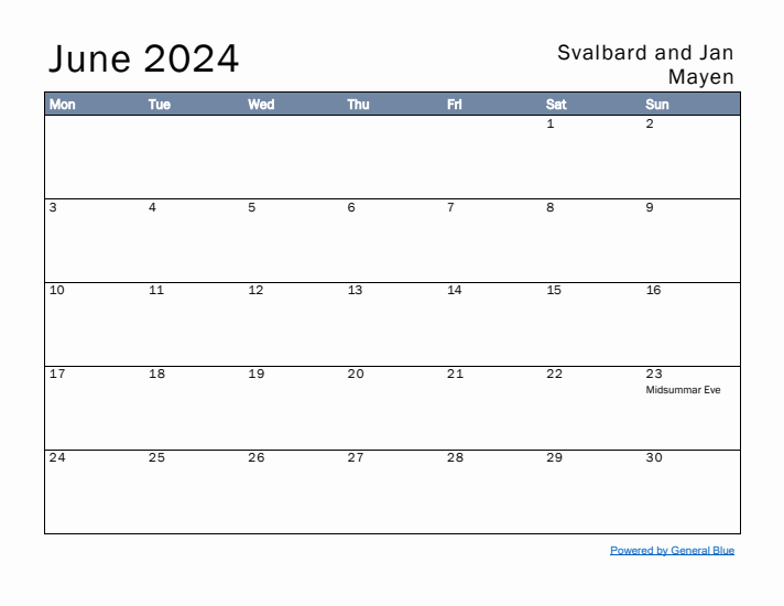 June 2024 Simple Monthly Calendar for Svalbard and Jan Mayen