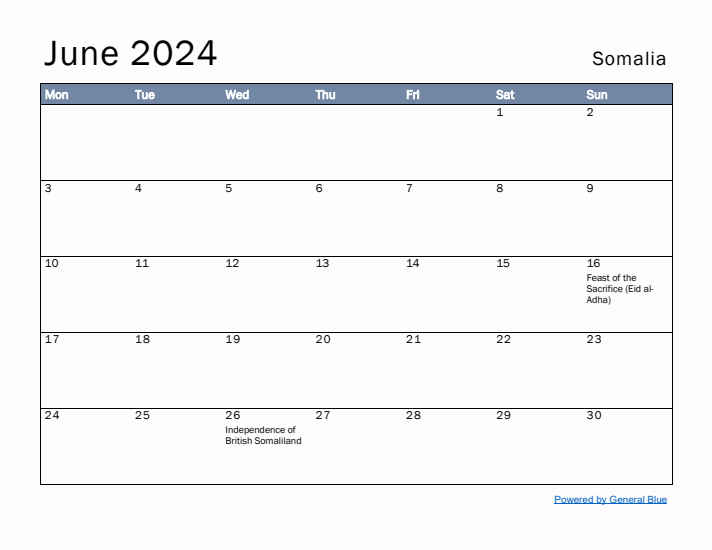 June 2024 Simple Monthly Calendar for Somalia