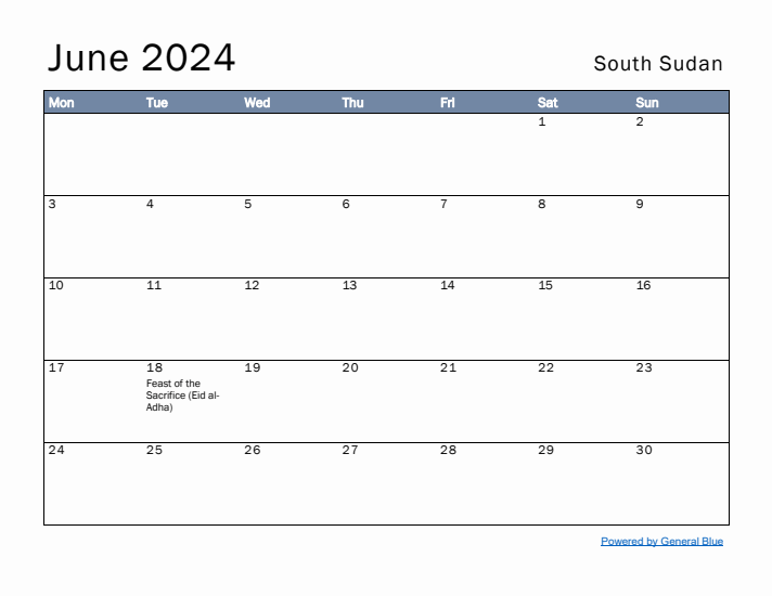 June 2024 Simple Monthly Calendar for South Sudan