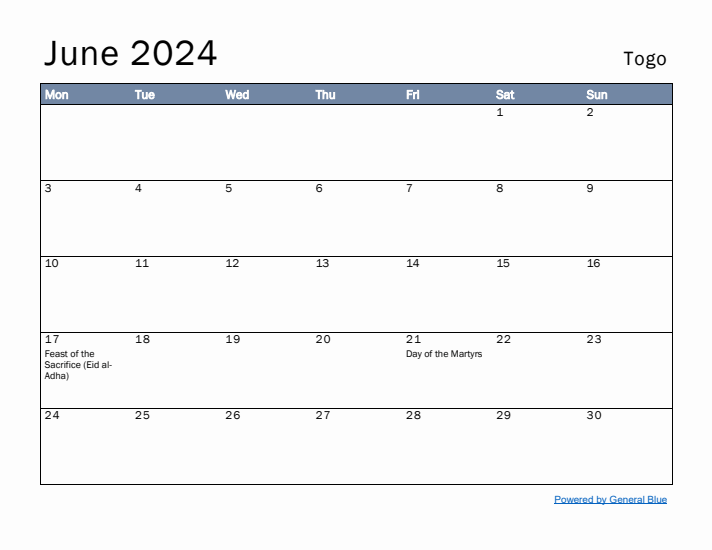 June 2024 Simple Monthly Calendar for Togo