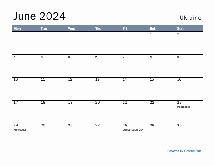 June 2024 Simple Monthly Calendar for Ukraine