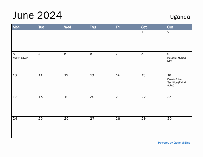 June 2024 Simple Monthly Calendar for Uganda