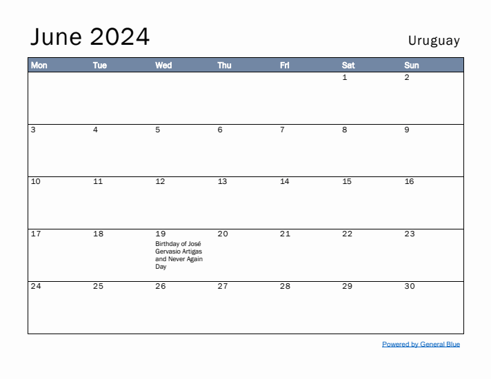 June 2024 Simple Monthly Calendar for Uruguay