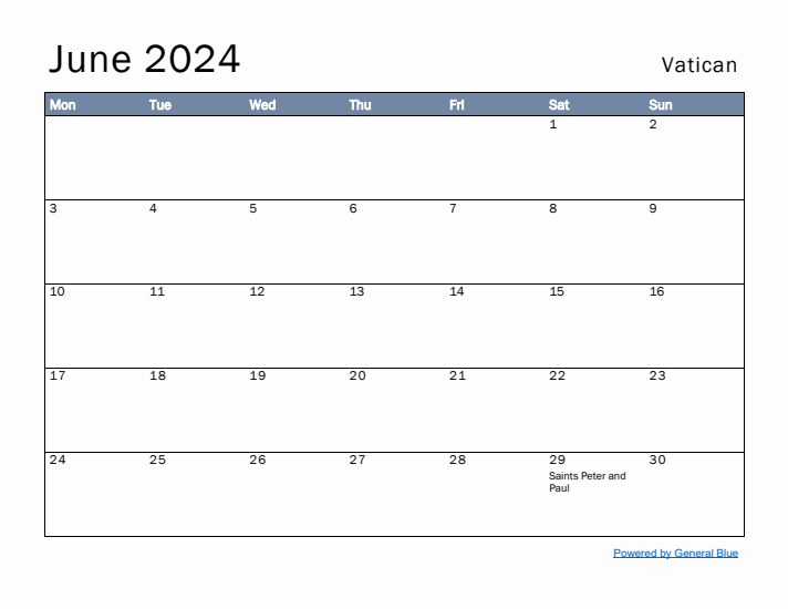 June 2024 Simple Monthly Calendar for Vatican