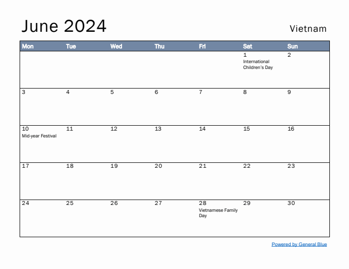 June 2024 Simple Monthly Calendar for Vietnam