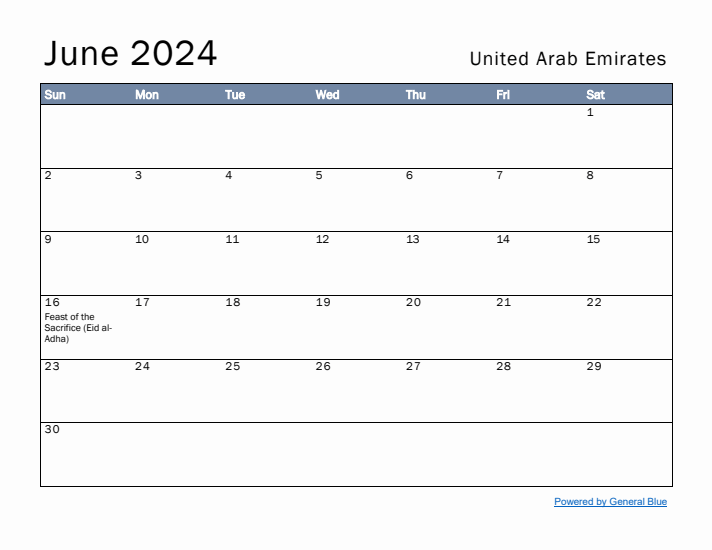 June 2024 Simple Monthly Calendar for United Arab Emirates