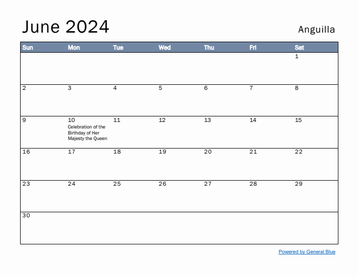 June 2024 Simple Monthly Calendar for Anguilla