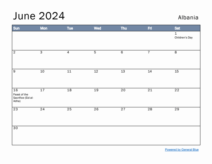 June 2024 Simple Monthly Calendar for Albania