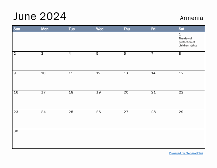 June 2024 Simple Monthly Calendar for Armenia