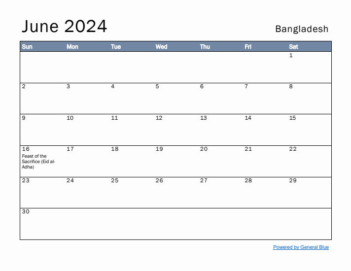 June 2024 Simple Monthly Calendar for Bangladesh