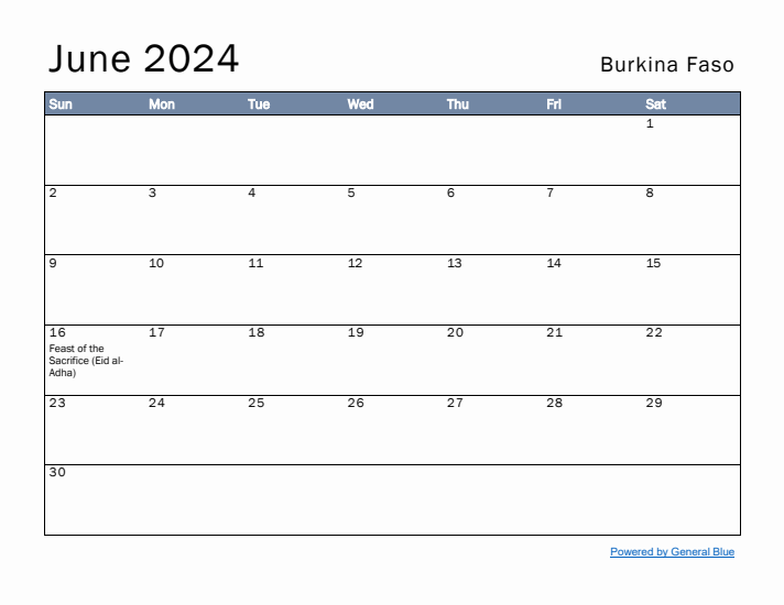 June 2024 Simple Monthly Calendar for Burkina Faso