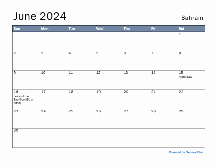 June 2024 Simple Monthly Calendar for Bahrain