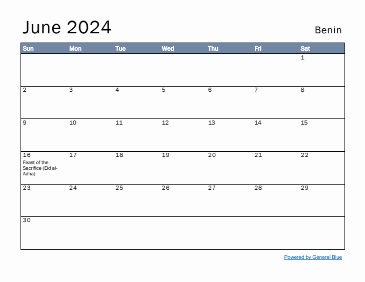 June 2024 Simple Monthly Calendar for Benin