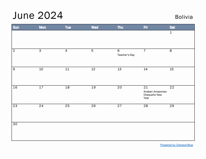 June 2024 Simple Monthly Calendar for Bolivia