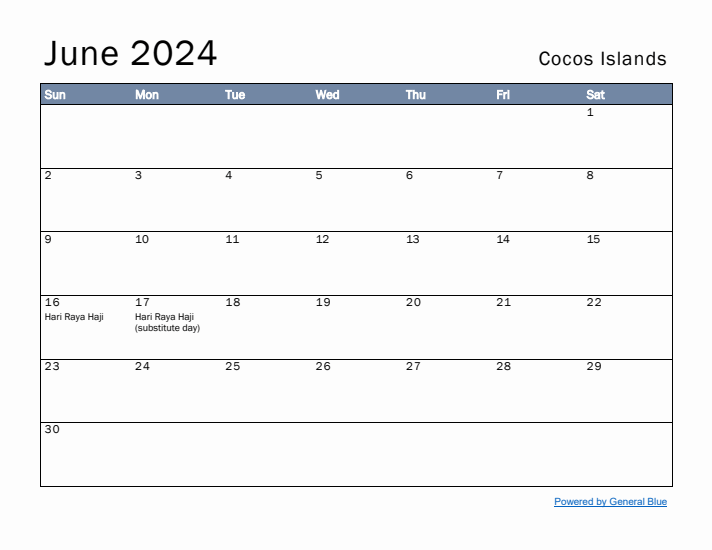 June 2024 Simple Monthly Calendar for Cocos Islands