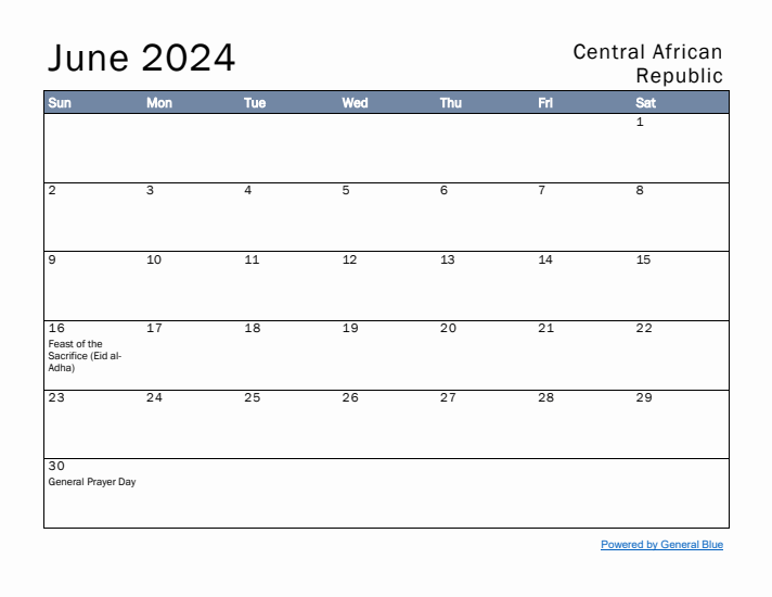 June 2024 Simple Monthly Calendar for Central African Republic