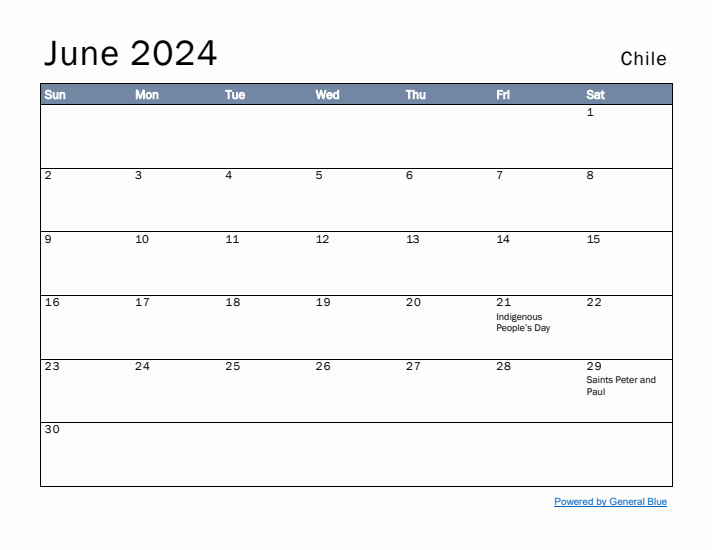 June 2024 Simple Monthly Calendar for Chile