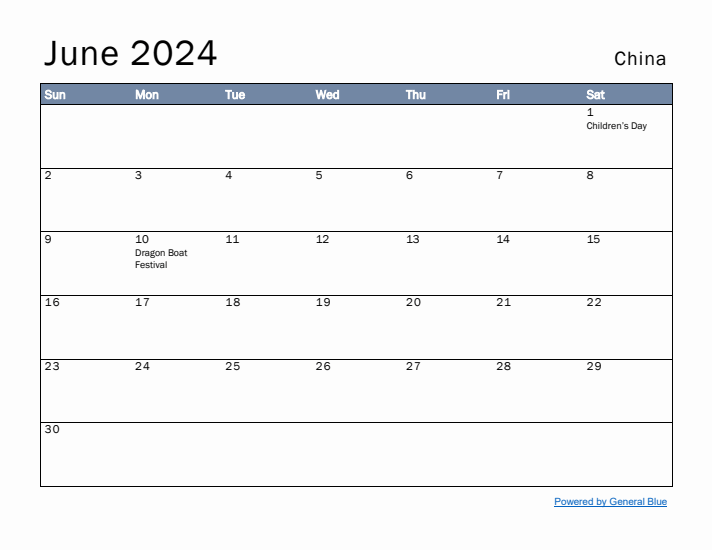 June 2024 Simple Monthly Calendar for China