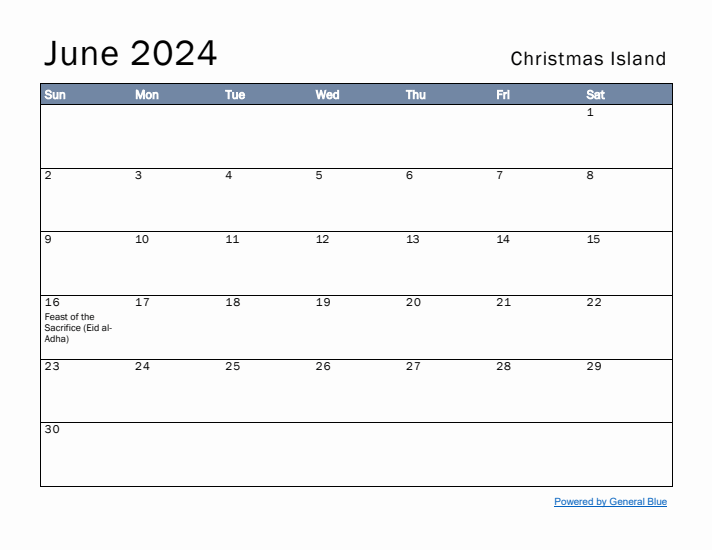 June 2024 Simple Monthly Calendar for Christmas Island