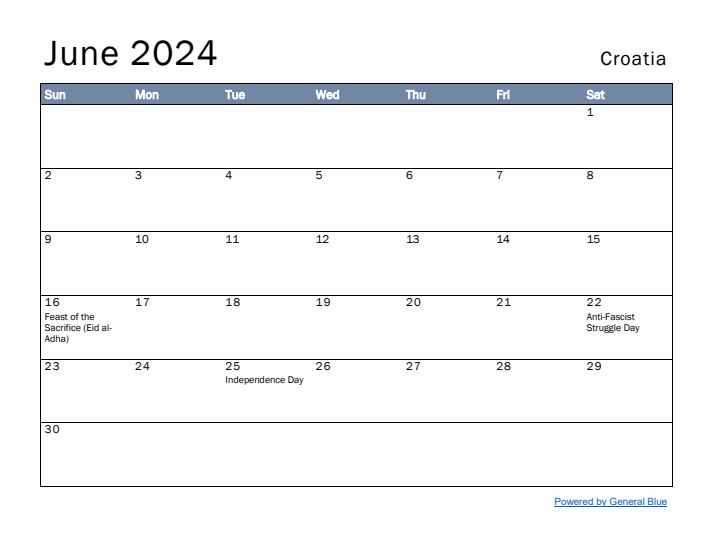 June 2024 Simple Monthly Calendar for Croatia