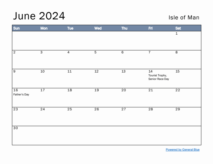 June 2024 Simple Monthly Calendar for Isle of Man