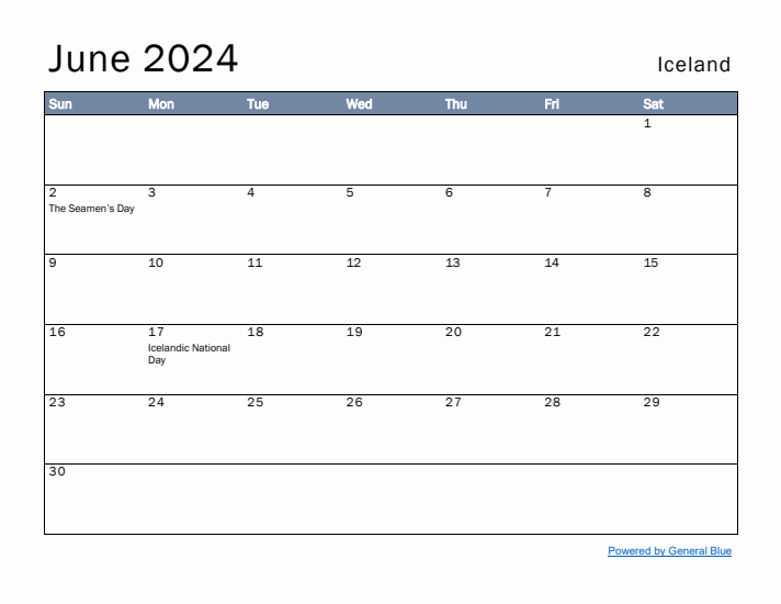 June 2024 Simple Monthly Calendar for Iceland