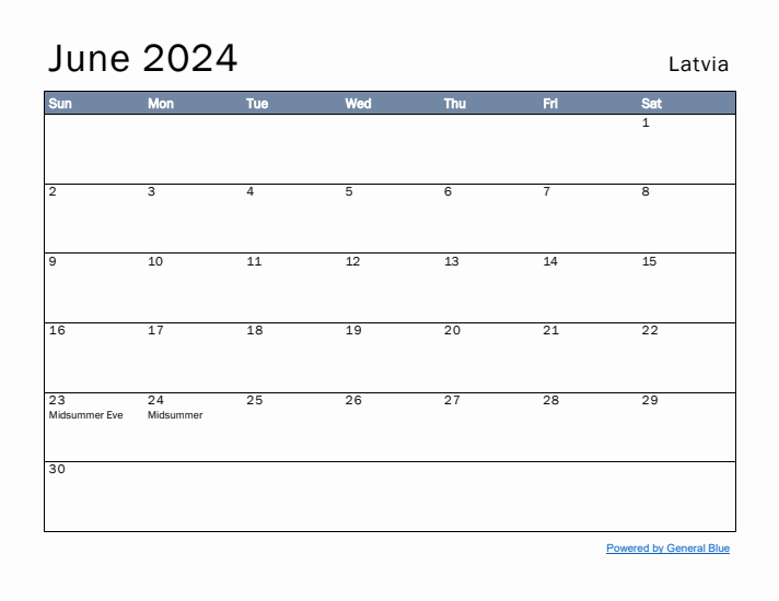 June 2024 Simple Monthly Calendar for Latvia