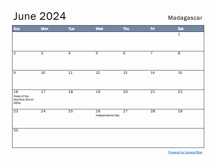 June 2024 Simple Monthly Calendar for Madagascar