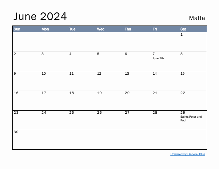 June 2024 Simple Monthly Calendar for Malta