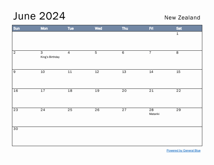 June 2024 Simple Monthly Calendar for New Zealand