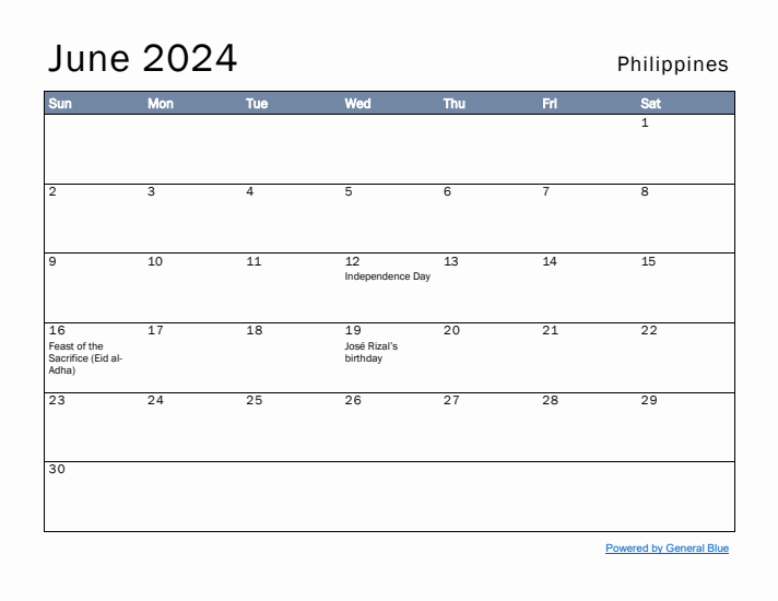 June 2024 Simple Monthly Calendar for Philippines