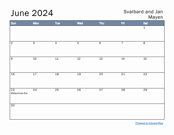 June 2024 Simple Monthly Calendar for Svalbard and Jan Mayen