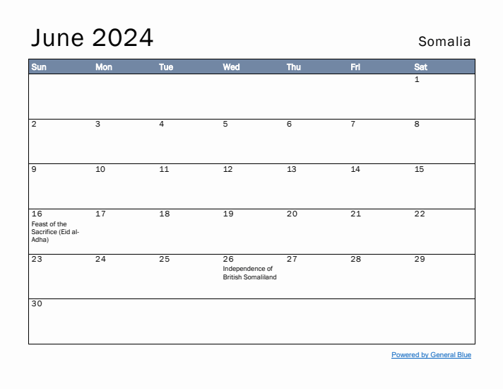 June 2024 Simple Monthly Calendar for Somalia