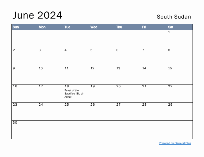 June 2024 Simple Monthly Calendar for South Sudan