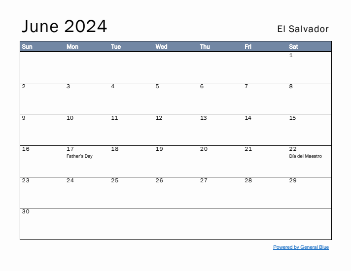 June 2024 Simple Monthly Calendar for El Salvador