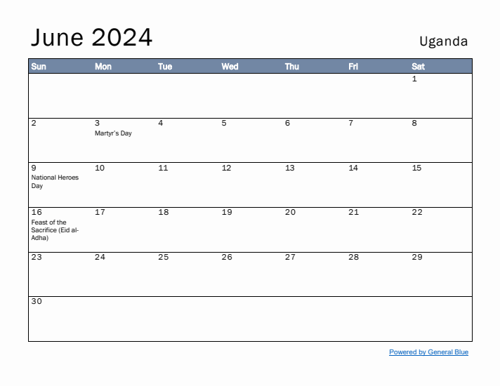 June 2024 Simple Monthly Calendar for Uganda