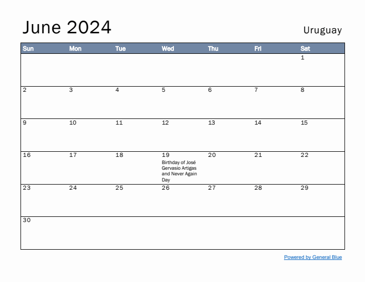 June 2024 Simple Monthly Calendar for Uruguay